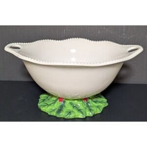 Blue Sky Clayworks 2016 Holiday Pedestal Serving Bowl Holly Berries & Leaves
